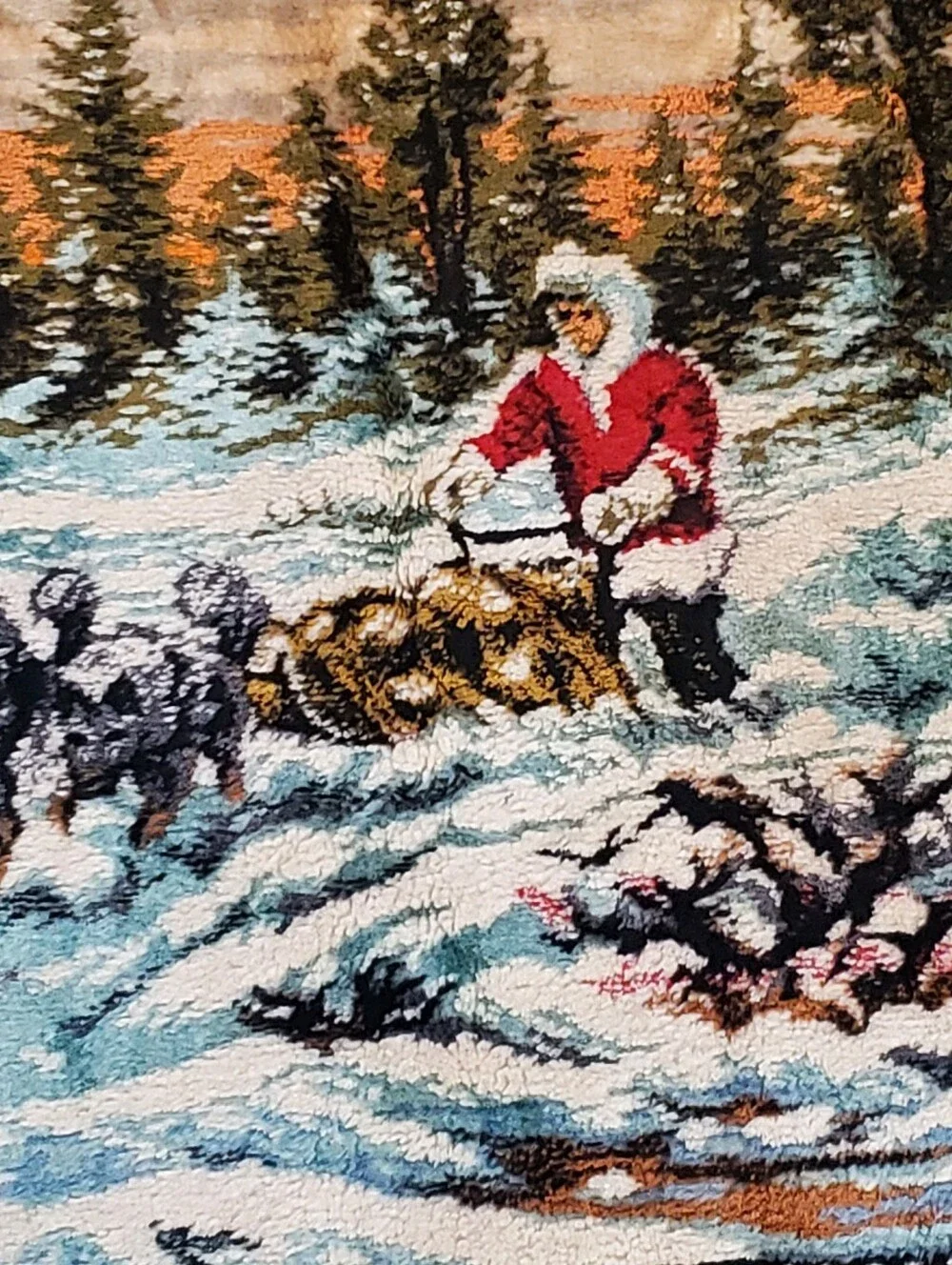 VINTAGE ITALIAN WOVEN PLUSH VELVET DOG SLED WINTER TAPESTRY WINTER MUSHING.